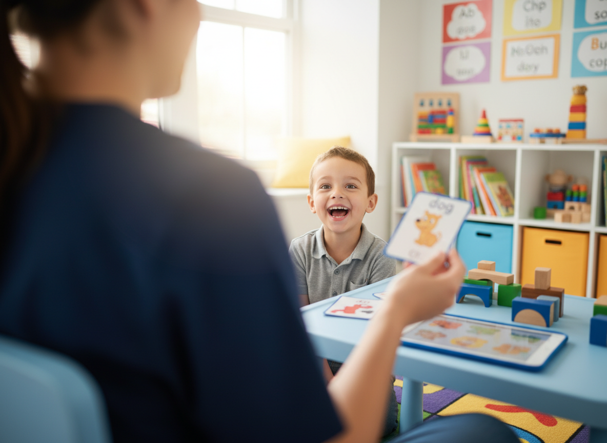 A child working through flashcards at a classroom desk during a speech pathology session.